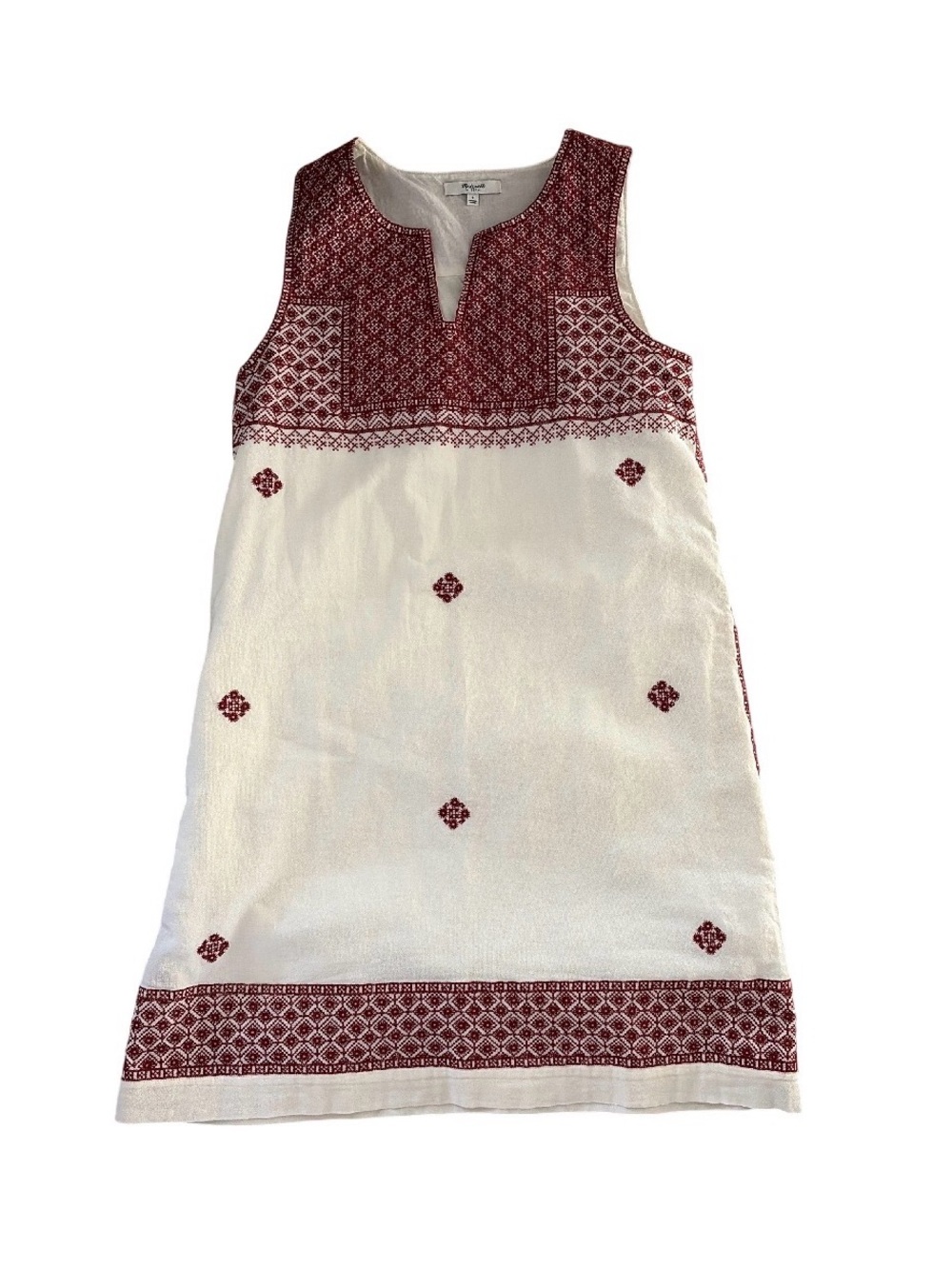 Madewell Cream Dress with Red Embroidered Yoke and Hem